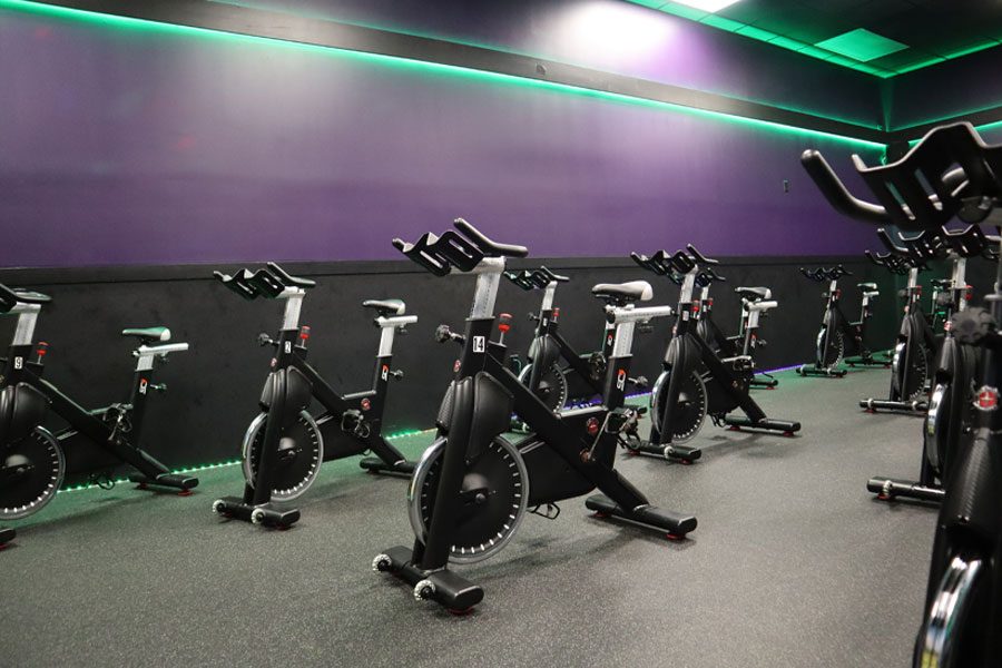 A room with several stationary bikes arranged in rows, perfect for cycling fitness enthusiasts. The walls are painted purple and have green LED strip lighting near the ceiling. The floor is covered with dark speckled carpet, and the room appears well-lit with a modern and clean aesthetic.