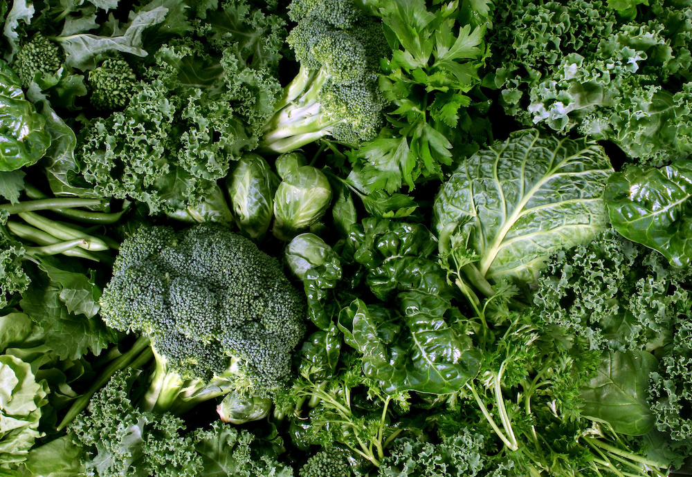 Green vegetables and dark leafy food: kale swiss chard spinach collards broccoli and cabbage.