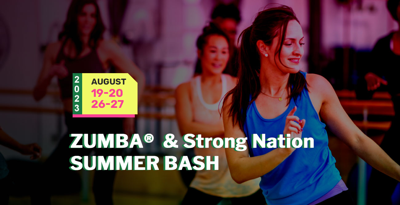 A group of people is dancing in a fitness class. In the foreground, a woman in a blue tank top smiles as she moves. The text overlay reads "ZUMBA® & Strong Nation SUMMER BASH" with dates "AUGUST 19-20, 26-27" and "2023" vertically on the left. Perfect for those focusing on exercise and fitness!