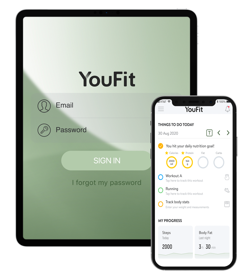 An iPad and a smartphone displaying the YouFit app. The iPad screen shows the login page with fields for email and password and a "SIGN IN" button. The smartphone screen displays a to-do list, including workouts and tracking nutrition, with progress stats at the bottom and a sleek footer.