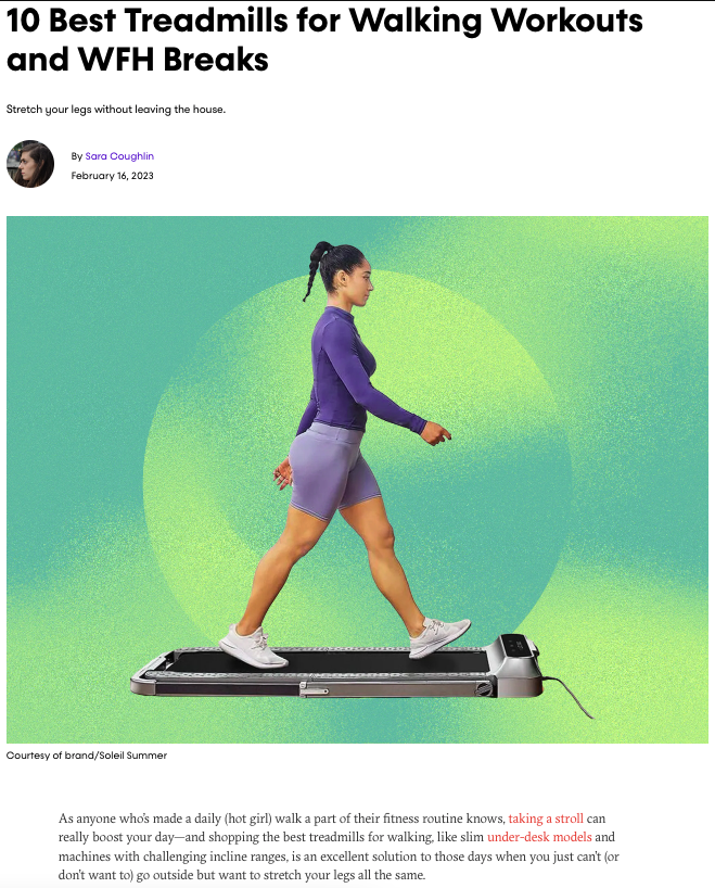 A woman walks on a treadmill in fitness attire against a green gradient background. The headline reads, "10 Best Treadmills for Walking Workouts and WFH Breaks." Authored by Sara Coughlin and dated February 16, 2023, the article focuses on maintaining a healthy routine.