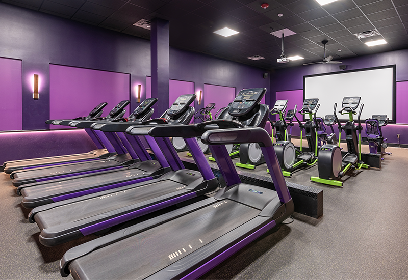 A modern gym with purple walls and ceiling, YouFit Gyms Dania Beach features rows of black treadmills and elliptical machines lined up before a large white projector screen. The space is well-lit with ceiling lights and wall-mounted fixtures.